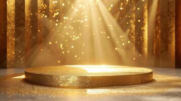 AI generated Beautiful golden background with light podium for jewelry advertising photo