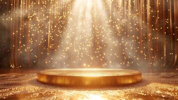 AI generated Beautiful golden background with light podium for jewelry advertising photo