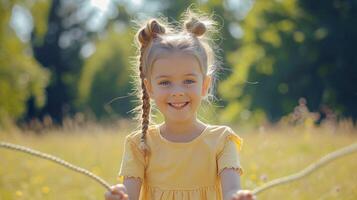 ai generado hermosa pequeño niña saltando cuerda en un verano parque y riendo y mirando a el cámara foto