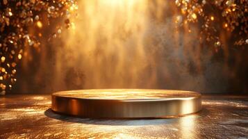 AI generated Beautiful golden background with light podium for jewelry advertising photo