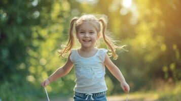 ai generado hermosa pequeño niña saltando cuerda en un verano parque y riendo y mirando a el cámara foto