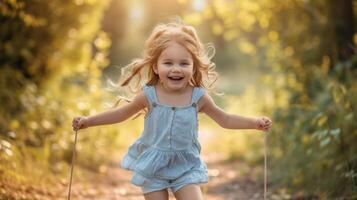 ai generado hermosa pequeño niña saltando cuerda en un verano parque y riendo y mirando a el cámara foto