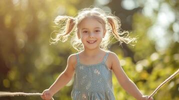 ai generado hermosa pequeño niña saltando cuerda en un verano parque y riendo y mirando a el cámara foto