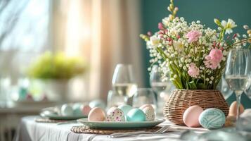 AI generated Beautifully decorated festive dining table for Easter with large copyspace area photo