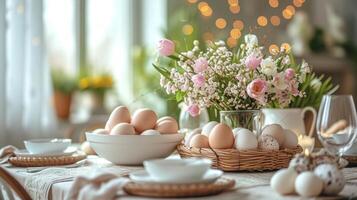 AI generated Beautifully decorated festive dining table for Easter with large copyspace area photo