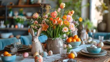 AI generated Beautifully decorated festive dining table for Easter with large copyspace area photo