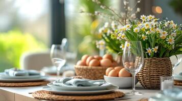 AI generated Beautifully decorated festive dining table for Easter with large copyspace area photo