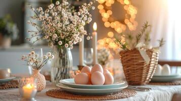 AI generated Beautifully decorated festive dining table for Easter with large copyspace area photo