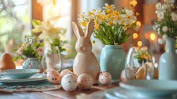 AI generated Beautifully decorated festive dining table for Easter with large copyspace area photo