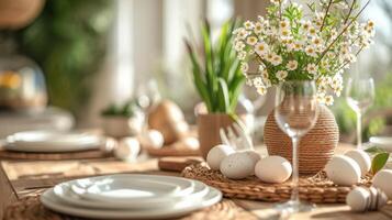 AI generated Beautifully decorated festive dining table for Easter with large copyspace area photo