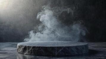 AI generated black stone podium on a dark background with smoke photo