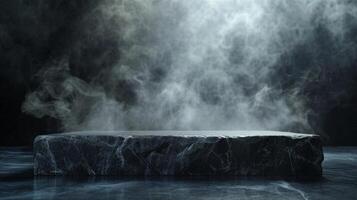 AI generated black stone podium on a dark background with smoke photo