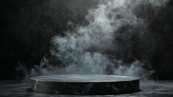 AI generated black stone podium on a dark background with smoke photo