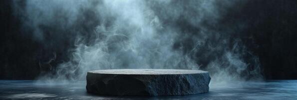 AI generated black stone podium on a dark background with smoke photo