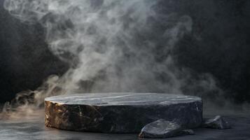 AI generated black stone podium on a dark background with smoke photo