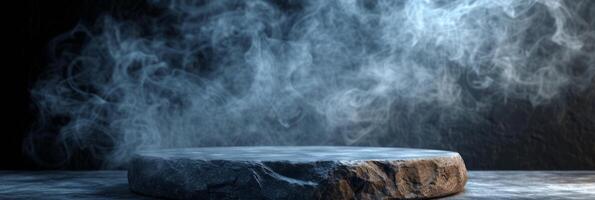 AI generated black stone podium on a dark background with smoke photo