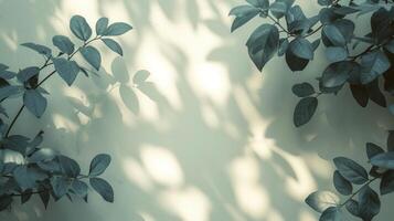 AI generated Blurred shadow from leaves plants on the white wall. Minimal abstract background photo