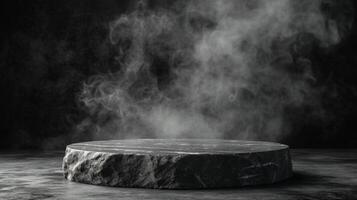 AI generated black stone podium on a dark background with smoke photo