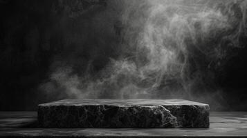 AI generated black stone podium on a dark background with smoke photo