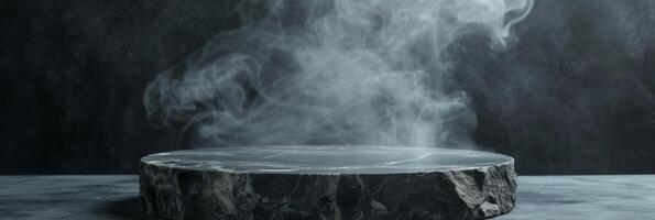 AI generated black stone podium on a dark background with smoke photo
