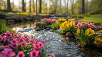 ai generado un sereno paisaje adornado con vibrante primavera flores, Proporcionar un pintoresco fondo para mensajes foto