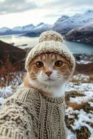 AI generated cat in knitted hat takes a selfie against the background of mountains photo