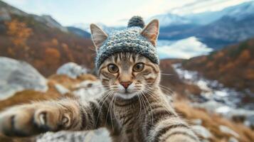 ai generado gato en de punto sombrero toma un selfie en contra el antecedentes de montañas foto