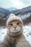 AI generated cat in knitted hat takes a selfie against the background of mountains photo