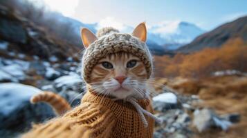 ai generado gato en de punto sombrero toma un selfie en contra el antecedentes de montañas foto