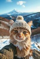AI generated cat in knitted hat takes a selfie against the background of mountains photo