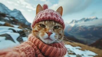 AI generated cat in knitted hat takes a selfie against the background of mountains photo