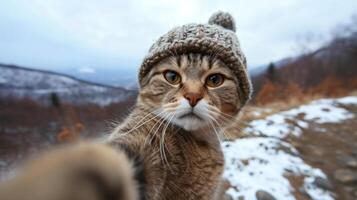 ai generado gato en de punto sombrero toma un selfie en contra el antecedentes de montañas foto