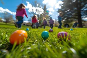 AI generated Children and adults engaged in the lively tradition of an Easter egg roll photo