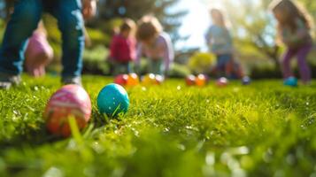 AI generated Children and adults engaged in the lively tradition of an Easter egg roll photo