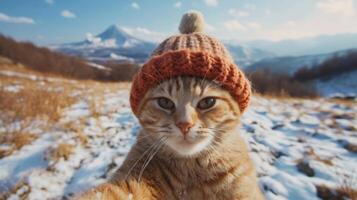 AI generated cat in knitted hat takes a selfie against the background of mountains photo