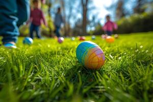 AI generated Children and adults engaged in the lively tradition of an Easter egg roll photo