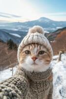 AI generated cat in knitted hat takes a selfie against the background of mountains photo