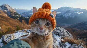 ai generado gato en de punto sombrero toma un selfie en contra el antecedentes de montañas foto