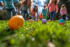 AI generated Children and adults engaged in the lively tradition of an Easter egg roll photo