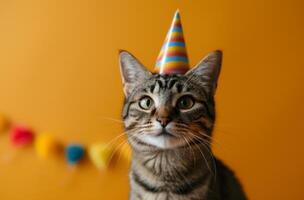 AI generated cute tabby cat wearing a party hat photo