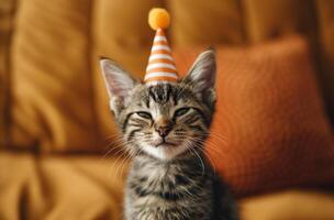 AI generated cute tabby cat wearing a party hat photo