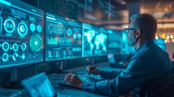 AI generated Business professionals actively monitor electronic data security using AI-driven cybersecurity tools photo