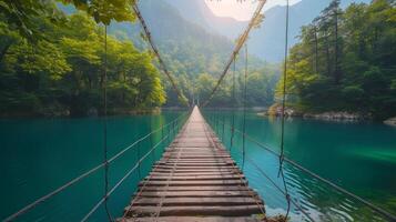 AI generated Crossing a Hanging Bridge Over a Beautiful Lake on a Sunny Day photo