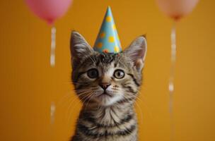 AI generated cute tabby cat wearing a party hat photo