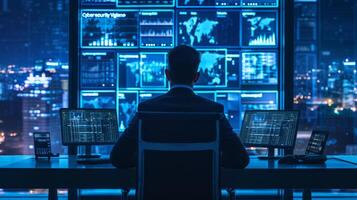 AI generated Business professionals actively monitor electronic data security using AI-driven cybersecurity tools photo