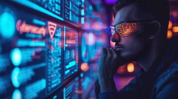 AI generated Business professionals actively monitor electronic data security using AI-driven cybersecurity tools photo