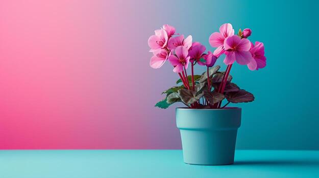 AI generated cyclamen flower in pot on minimalist vivid background, large copyspace area photo