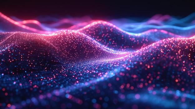 AI generated Dark hues and neon waves converge, producing an abstract representation of digital data flow photo