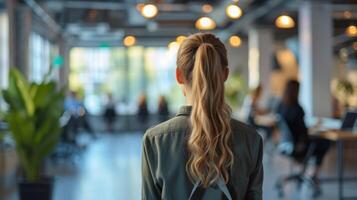 AI generated Describing an Office Environment with Casual-Dressed People and Blurry Bokeh Background photo
