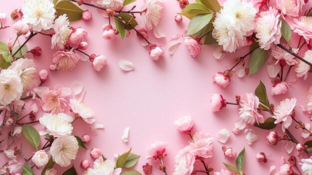 AI generated An elegant arrangement of spring blossoms frames a blank space photo